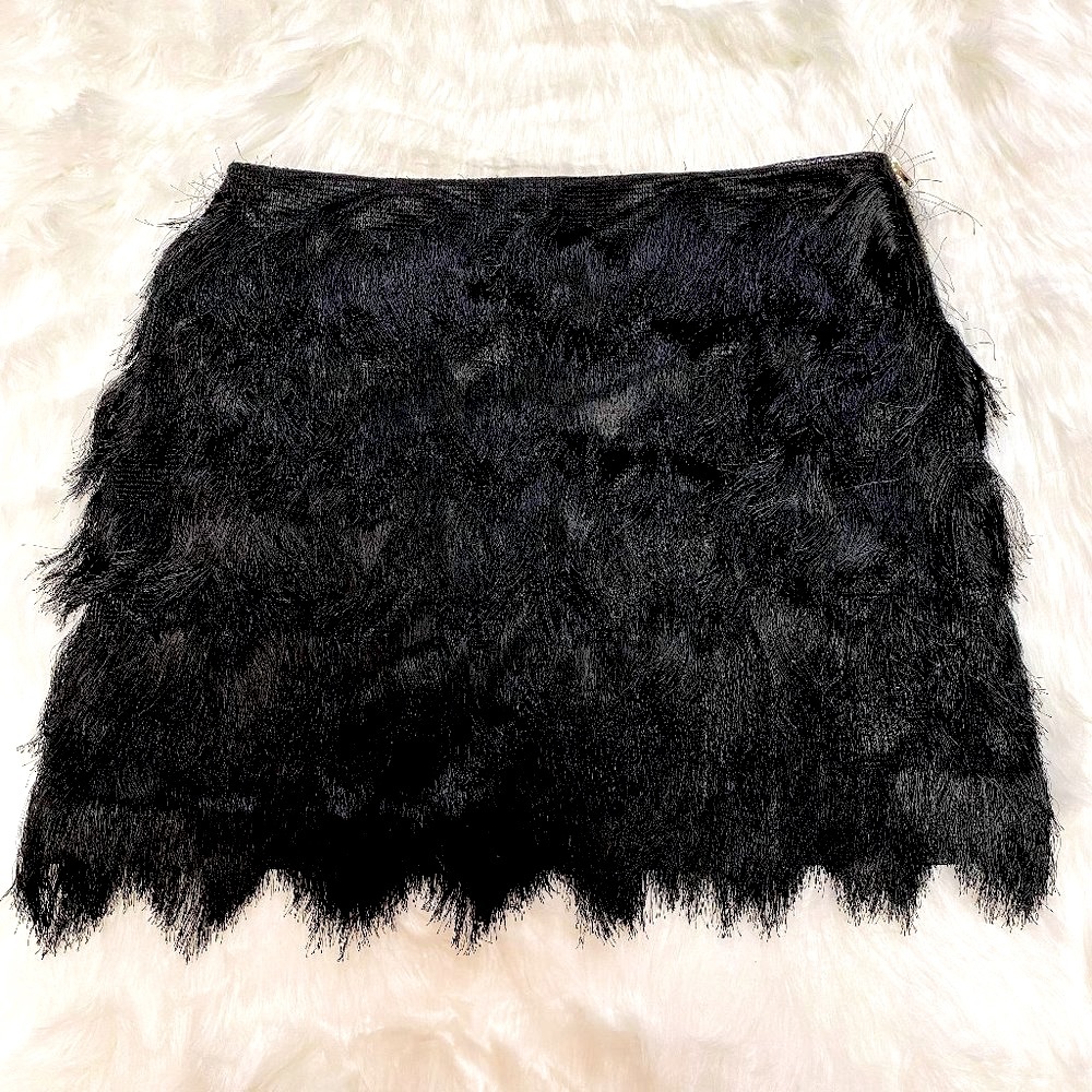 Black Chainette Eyelash Fringe High Waist Bodycon Mini Skirt